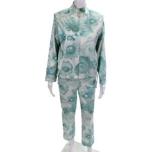 St. John Womens Floral Print Zipped Jacket Pants Set Blue Size S